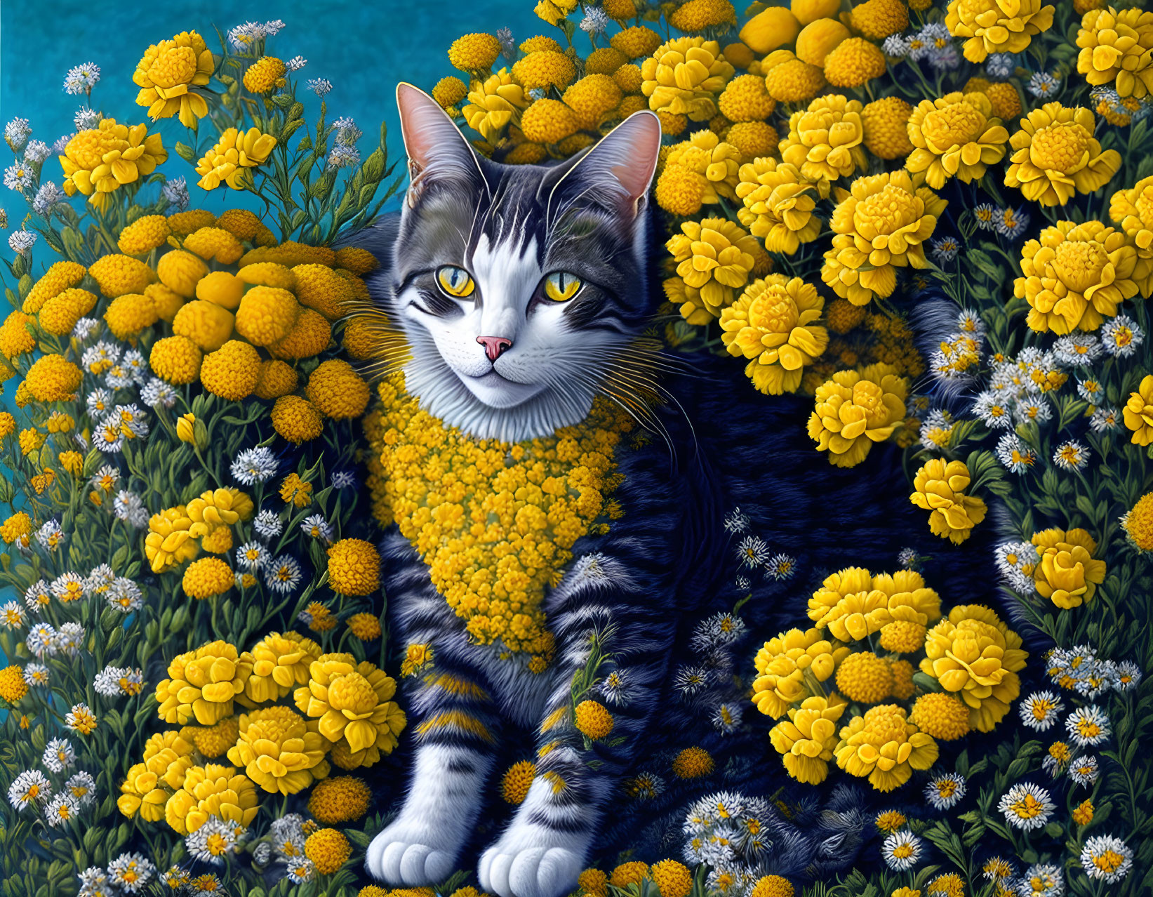 Tabby Cat Among Yellow Marigold Flowers and White Daisies