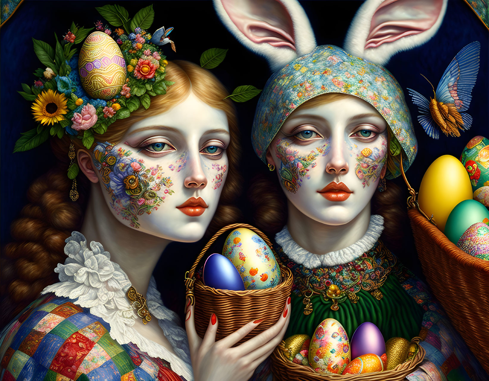 Two people in Easter-themed costumes with decorated eggs and bunny ear hat.