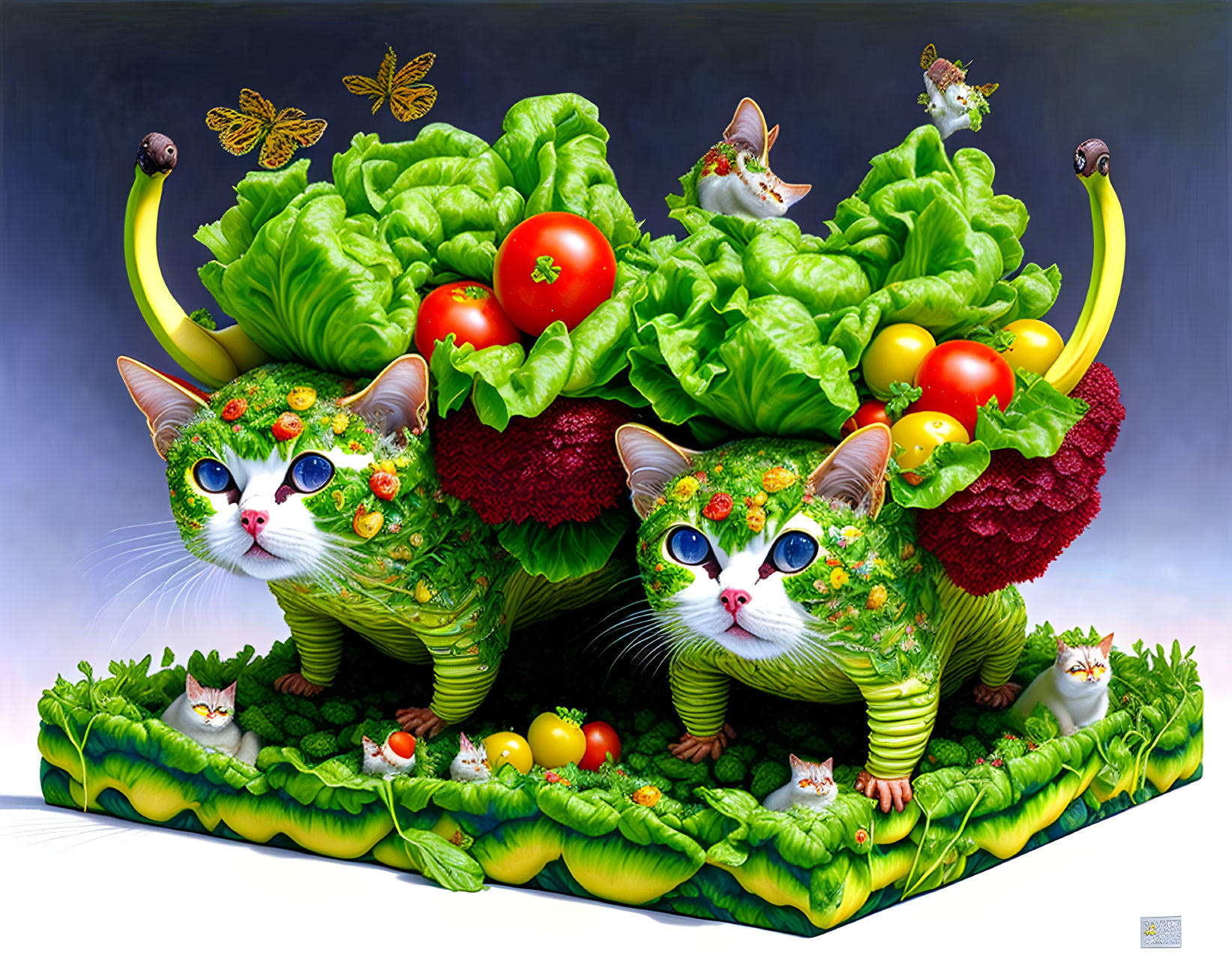 Surreal Artwork: Cat Heads in Salad with Tiny Animals