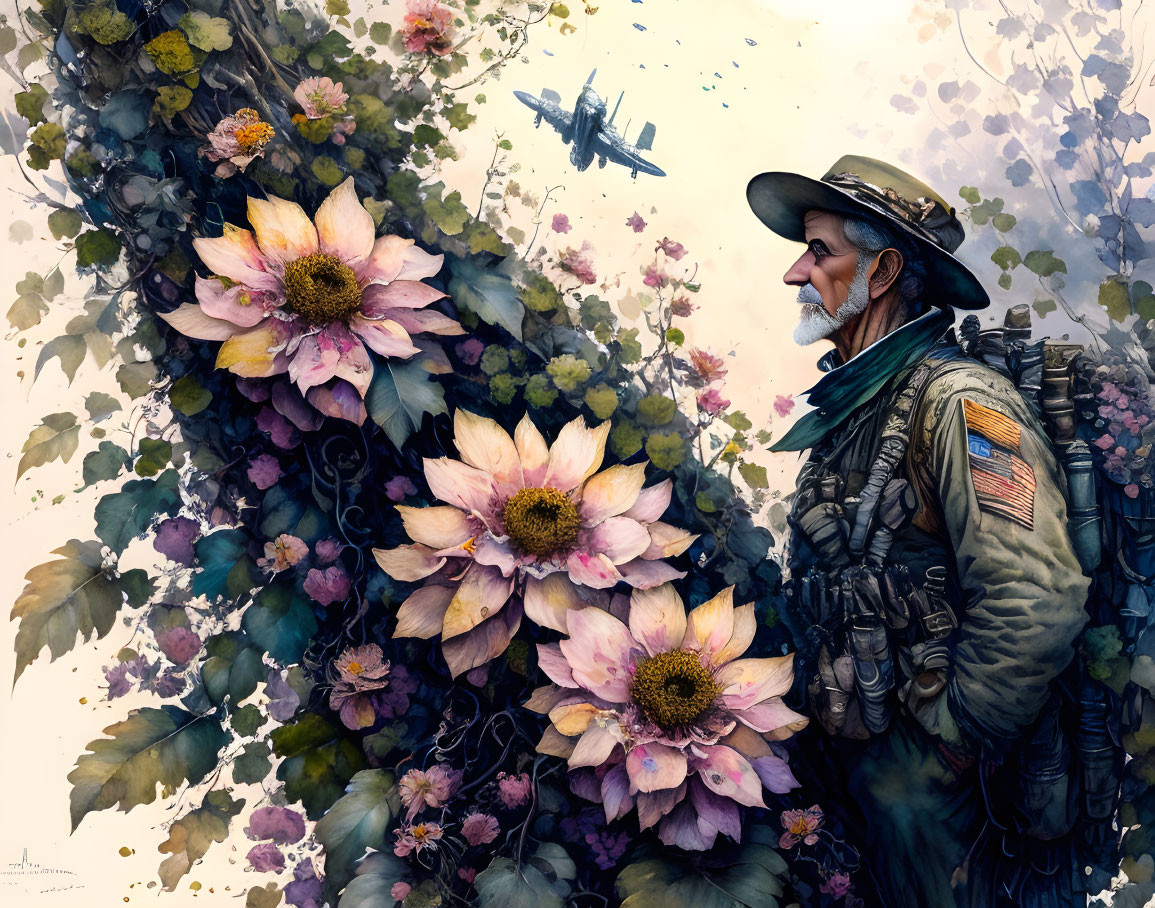 Illustration of older man in military attire surrounded by oversized flowers and plane overhead