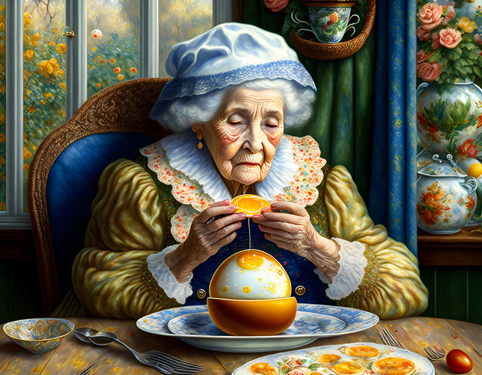 Elderly Woman Peeling Orange by Window with Garden View