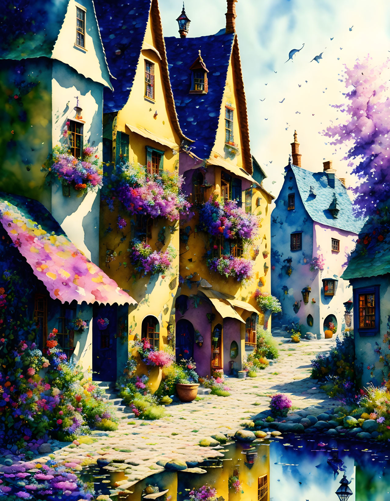 Vibrant storybook village by calm canal with quaint houses and magical sky