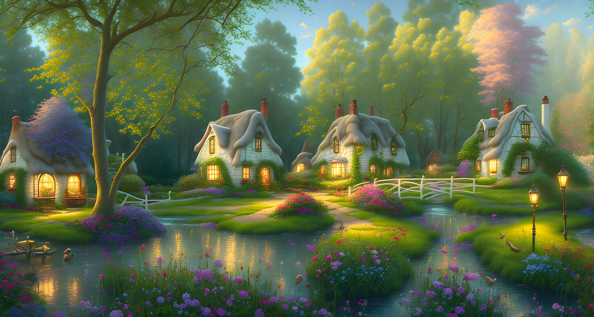 Tranquil twilight landscape with thatched-roof cottages, pond, greenery, flowers,