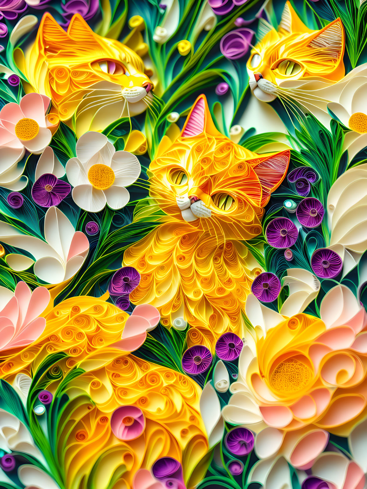 Intricate Paper Art: Three Cats with Quilled Flowers