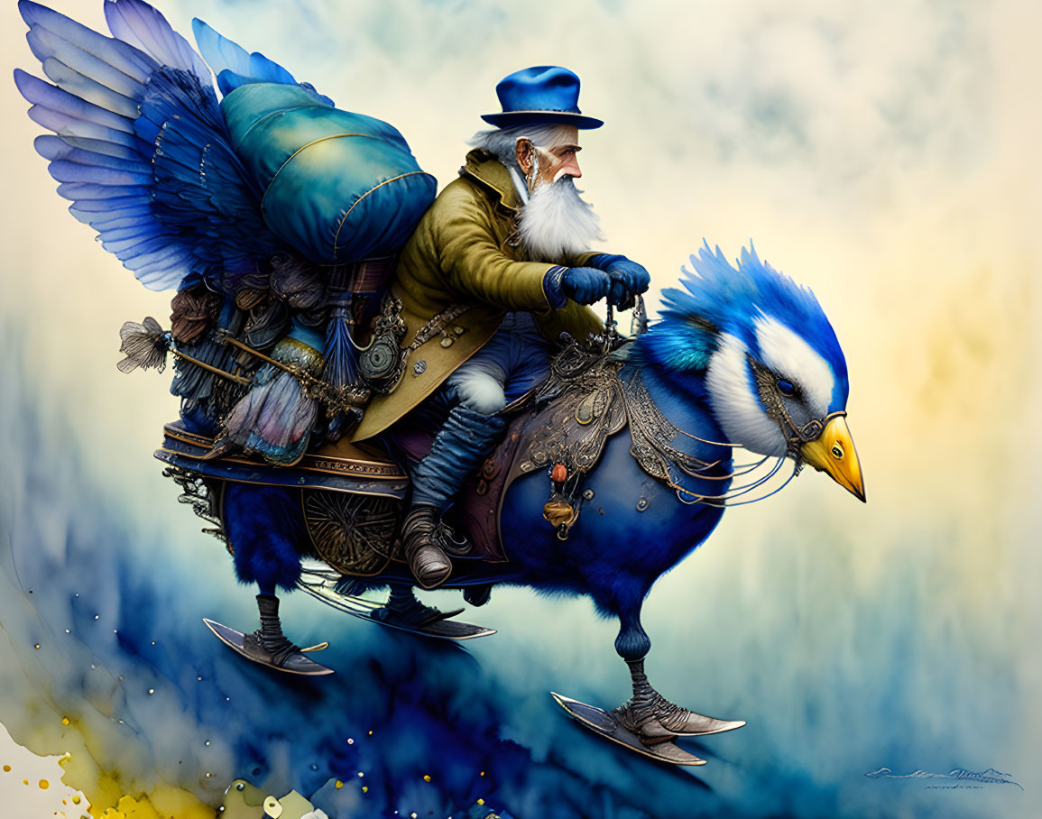 Elderly man in blue coat rides giant bluebird above clouds