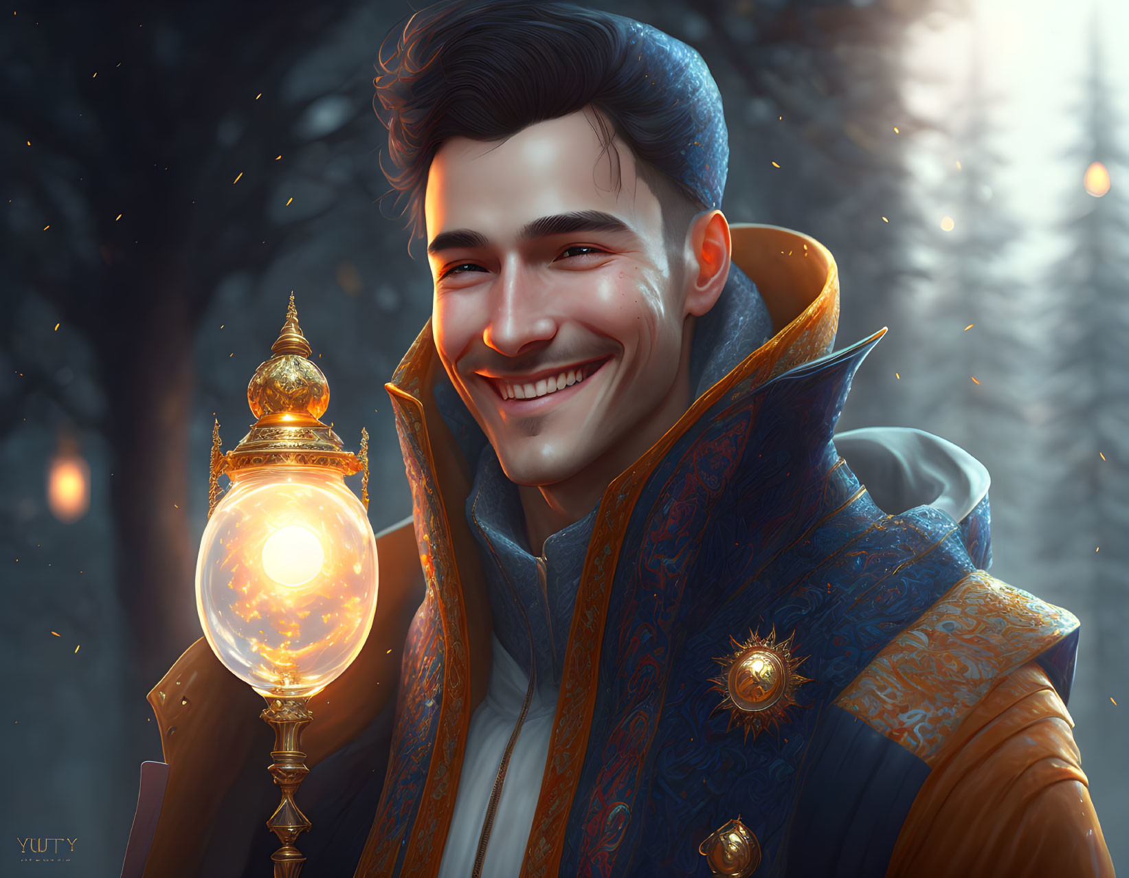 Smiling man in blue and gold medieval outfit with lantern in misty forest