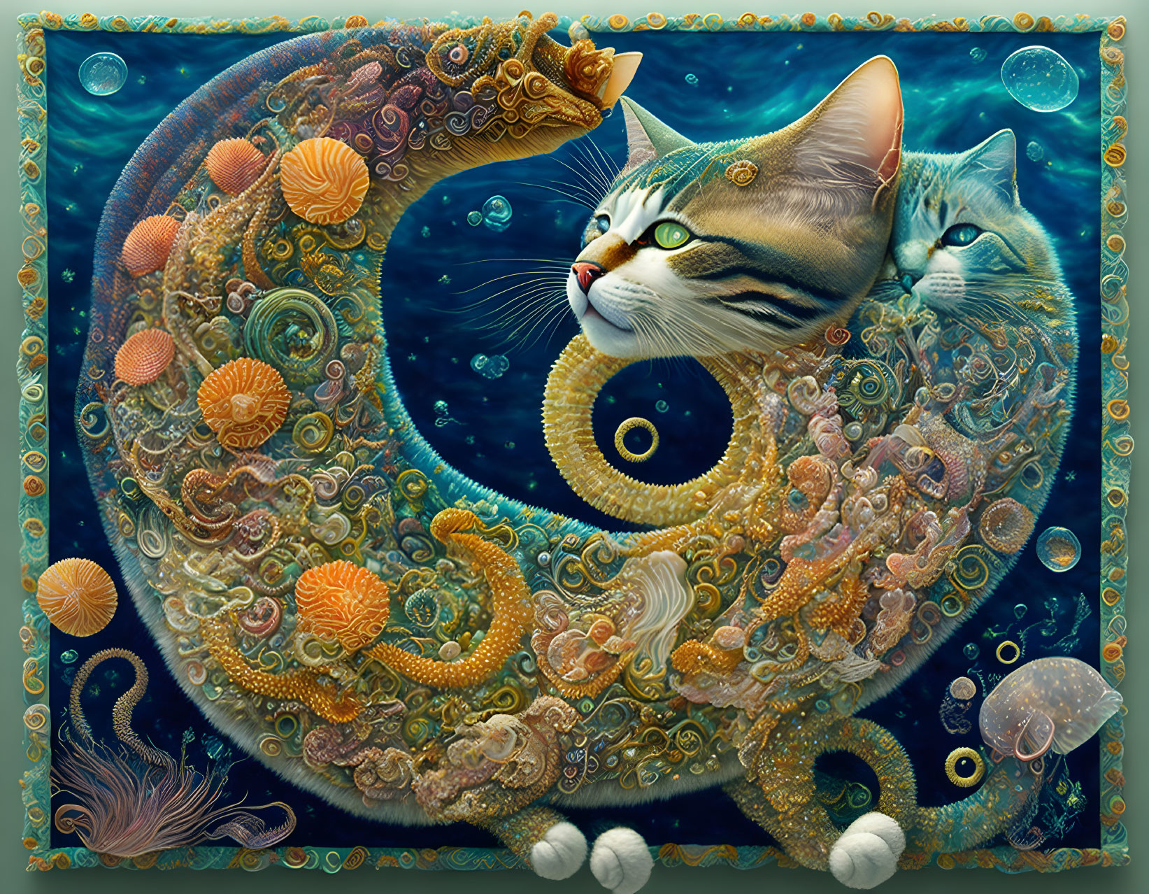 Colorful Whimsical Cat-Like Creature in Underwater Scene