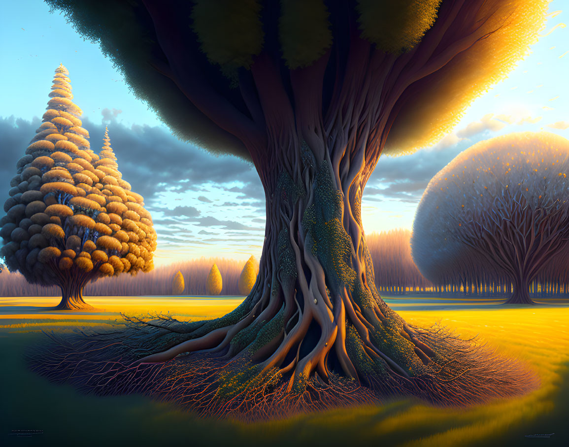 Fantasy landscape with lush trees and twilight sky