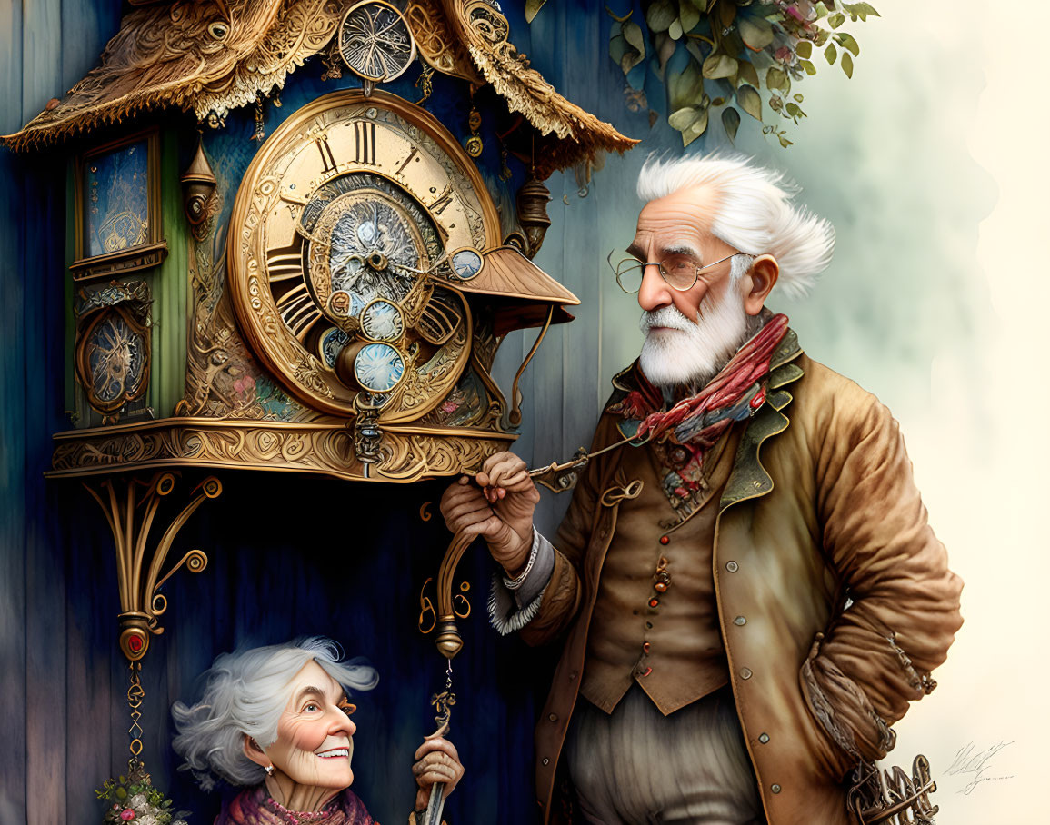 Elderly couple smiling by large ornate cuckoo clock