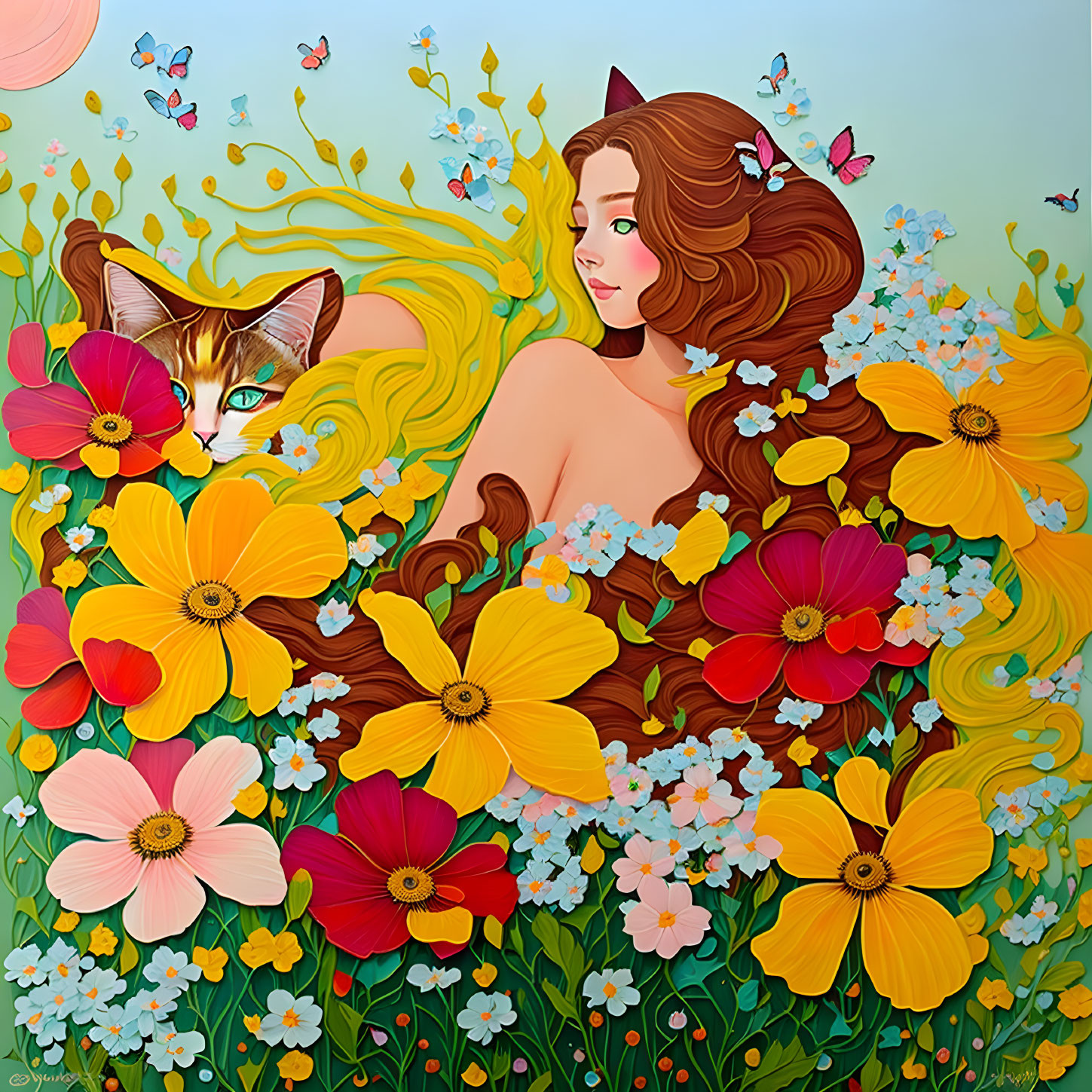 Woman with flowing hair, colorful flowers, cat, and butterflies.