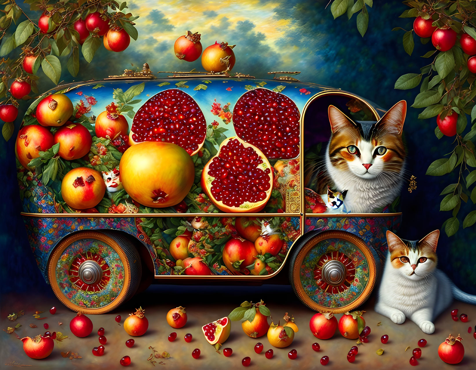 Ornate fruit-filled cart with cat decorations, surrounded by apples and pomegranates.