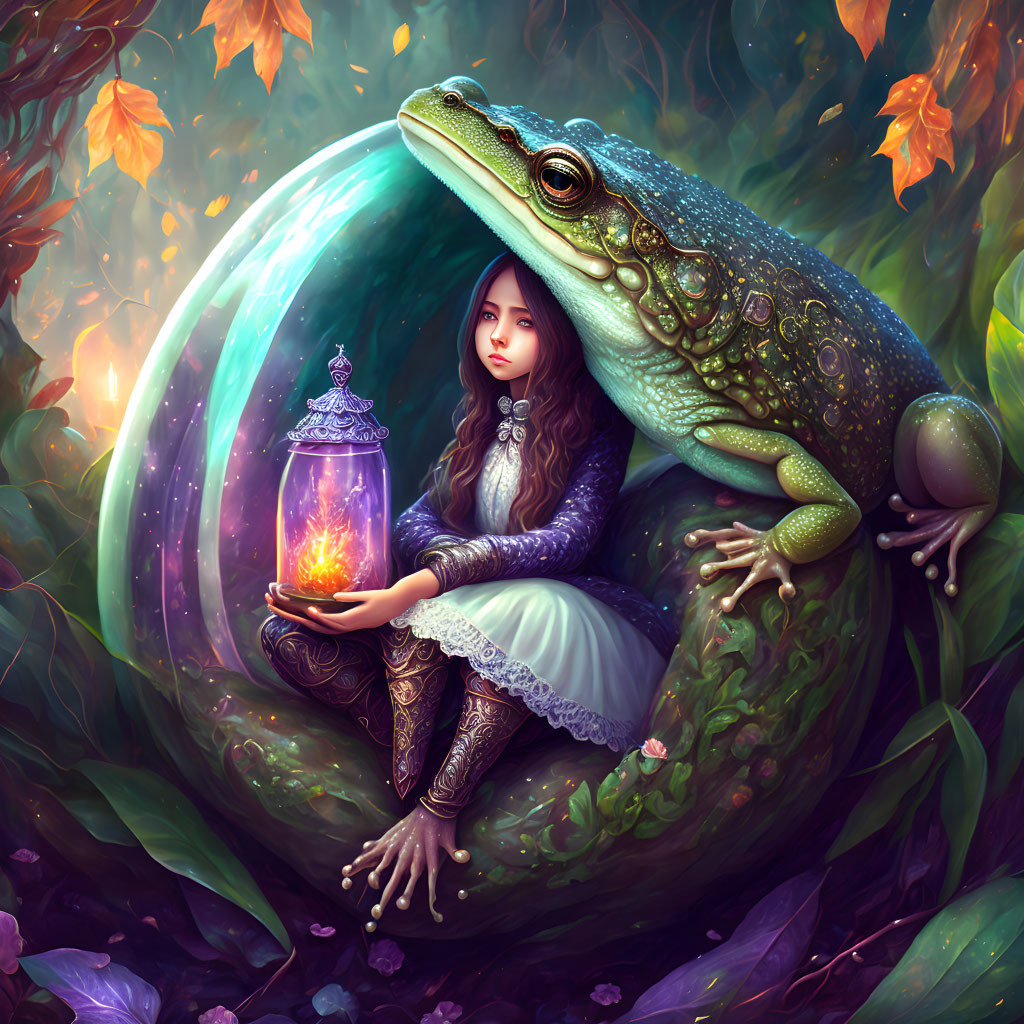 Girl with intricate tattoos in green bubble with lantern beside giant frog in mystical forest.