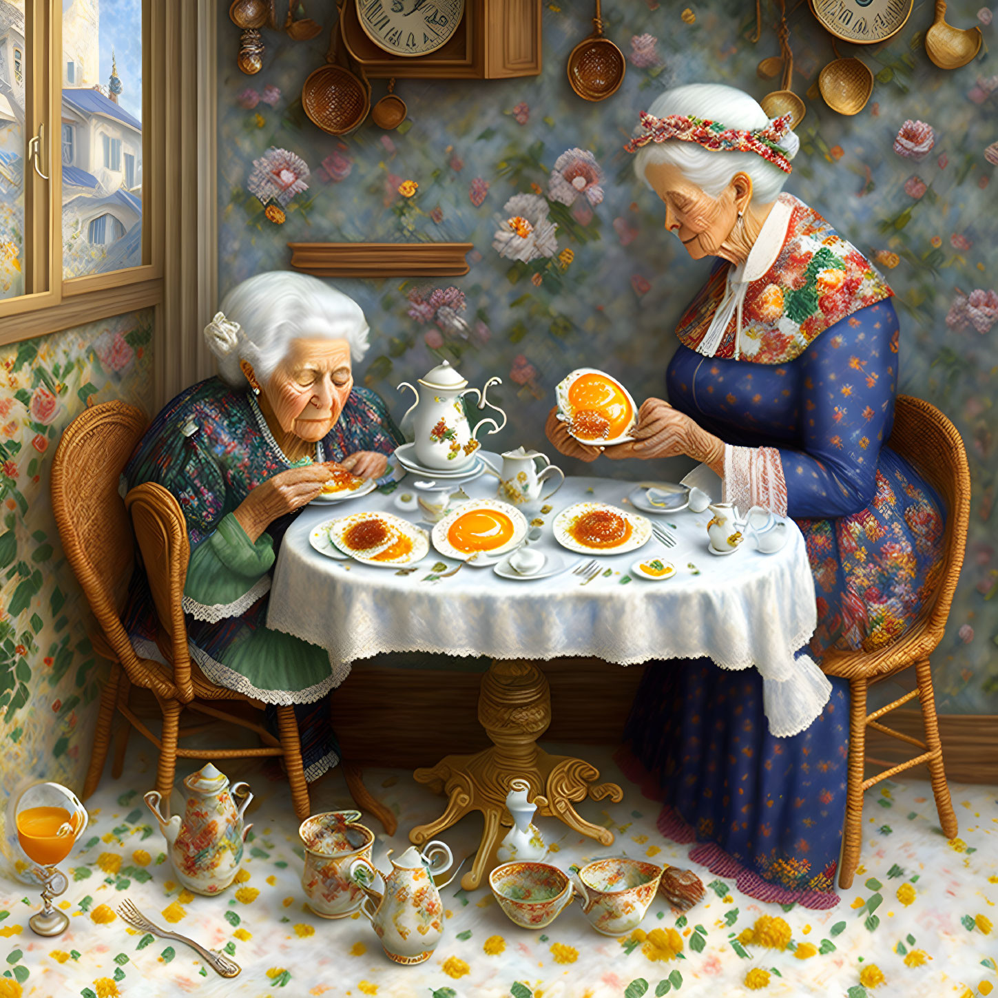 Elderly Women Tea Time in Cozy Floral Room