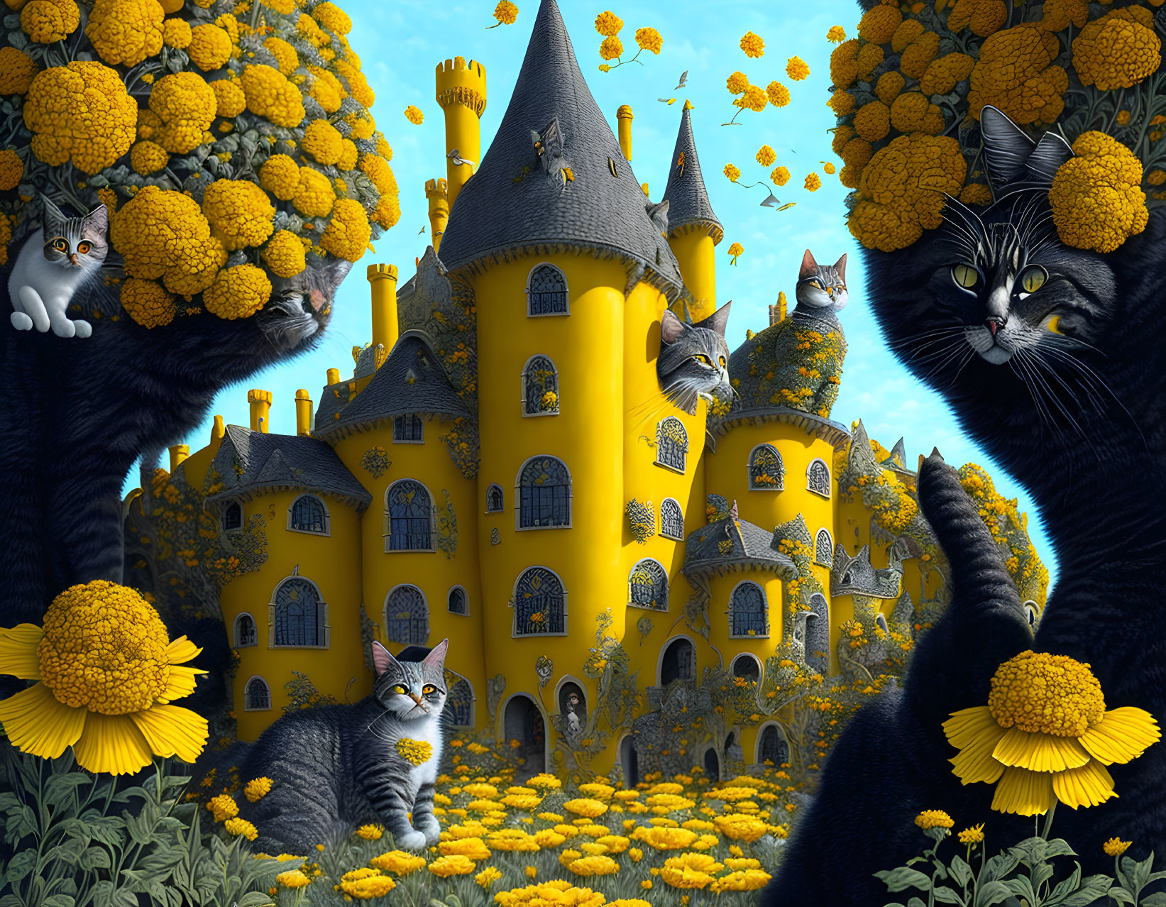 Whimsical yellow castle with giant flowers and playful cats