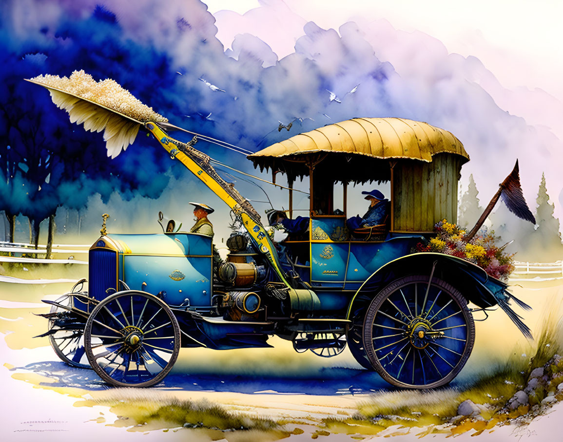 Colorful vintage car with feathered quill pen in countryside scene