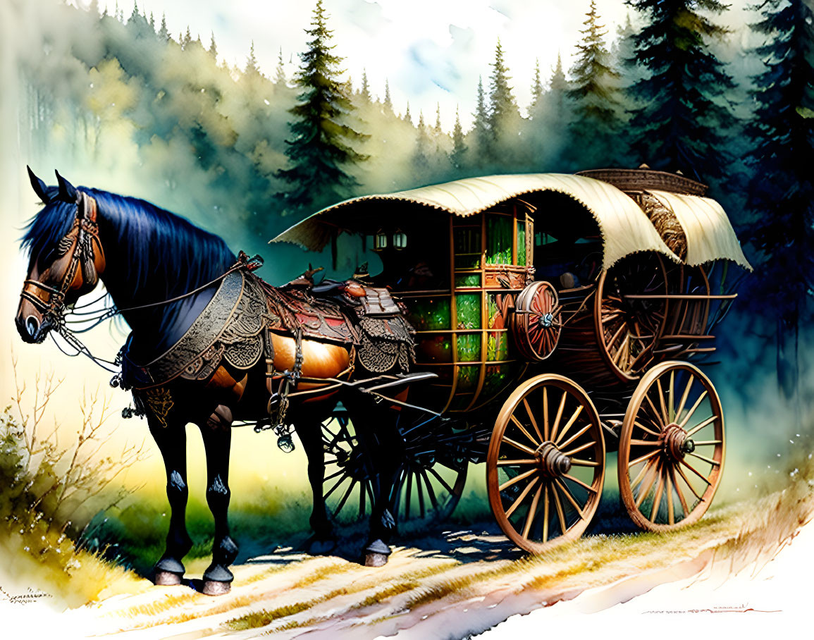 Vintage horse-drawn carriage in misty forest clearing