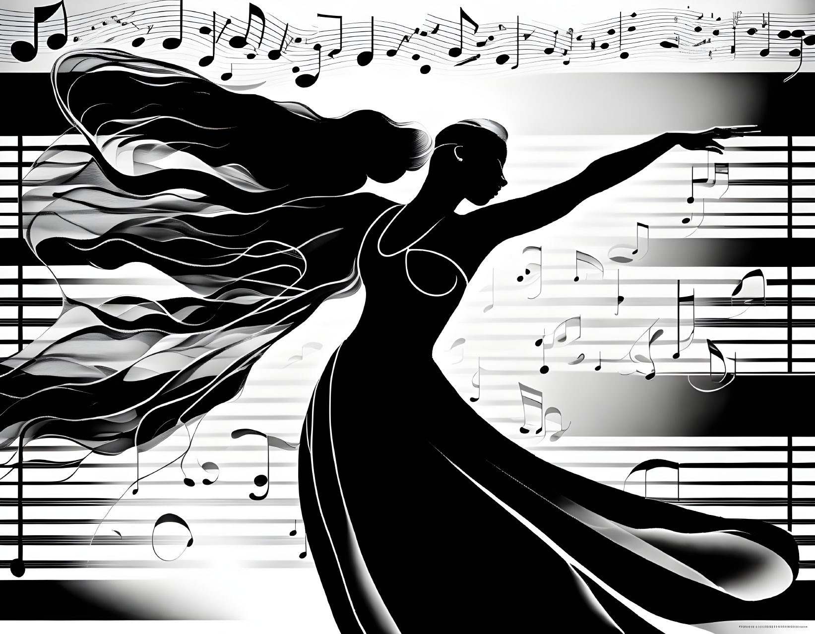 Monochrome illustration of woman with flowing hair and musical notes in dynamic composition
