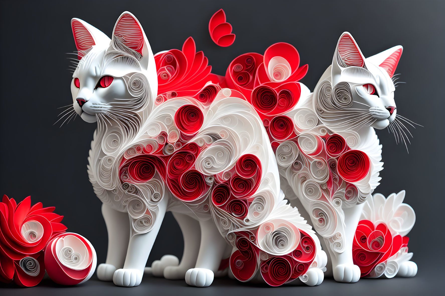 Stylized white cats with red eyes and swirling patterns on dark background