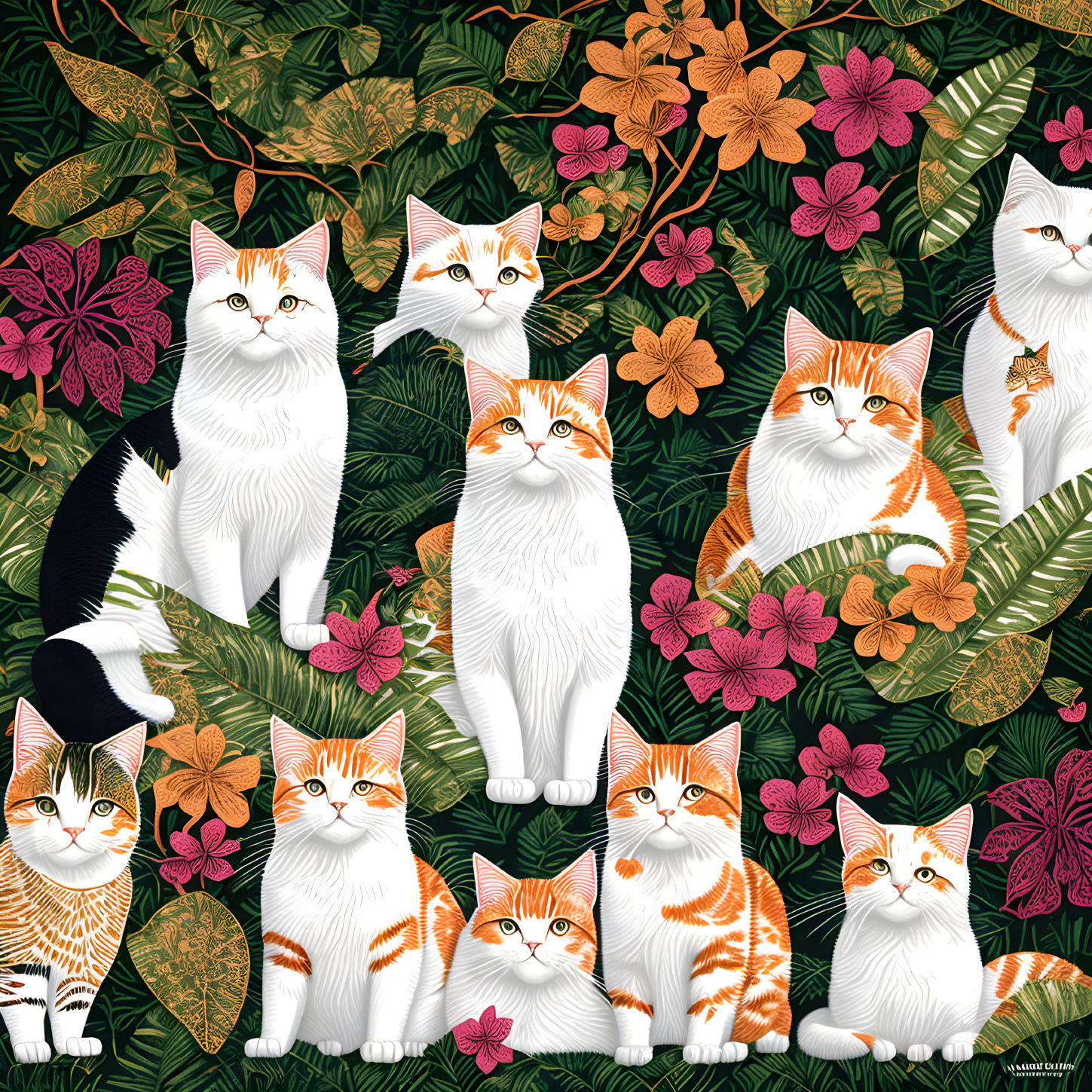 Illustrated Orange and White Cats Pattern with Green Leaves and Pink Flowers