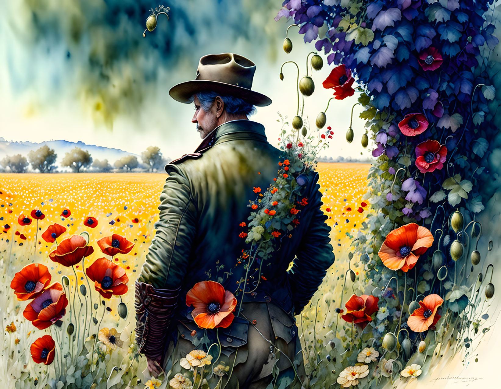 Man in vintage outfit surrounded by colorful flowers in surreal setting