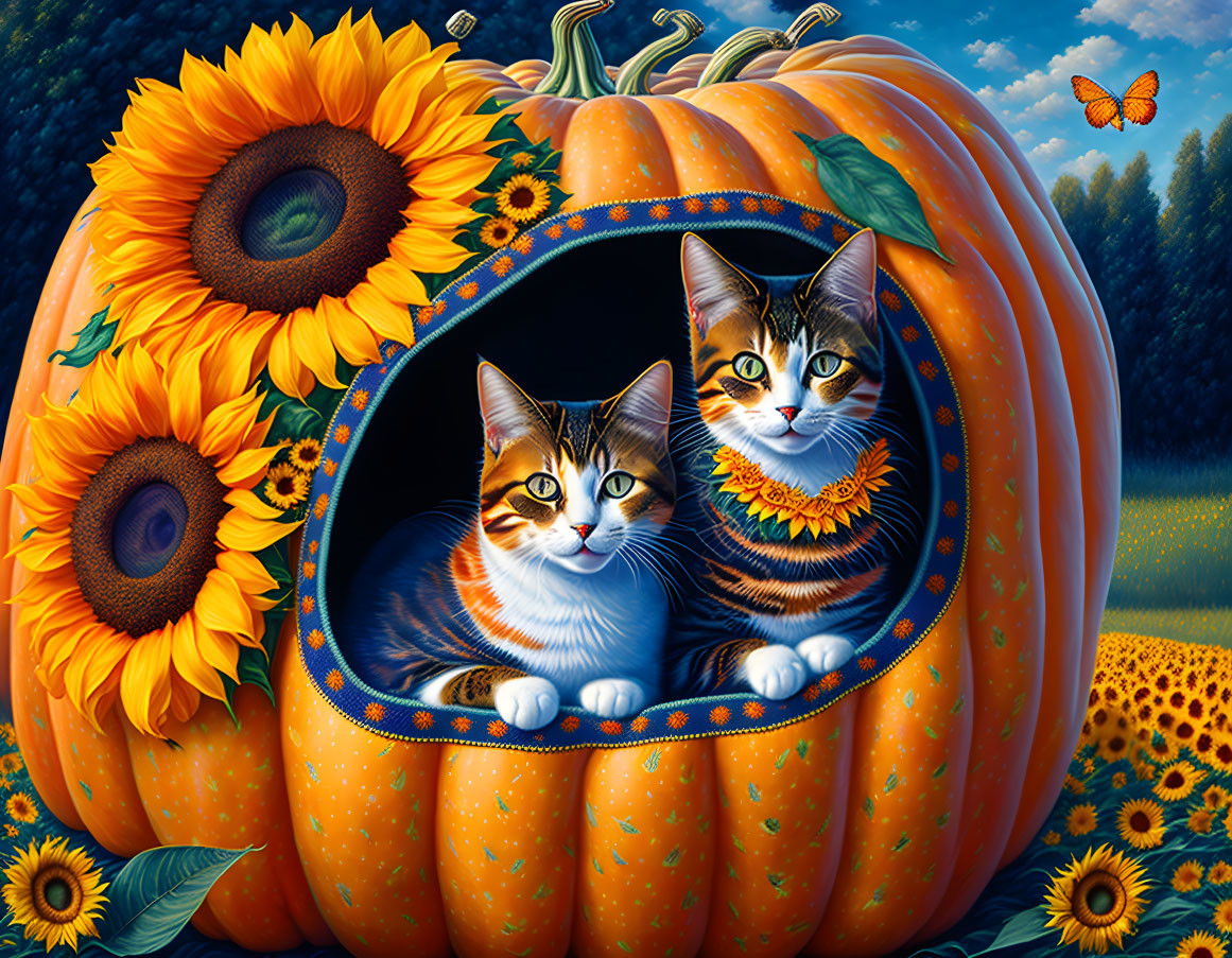 Two Cats in Sunflower Collars Inside Carved Pumpkin with Sunflowers and Butterfly