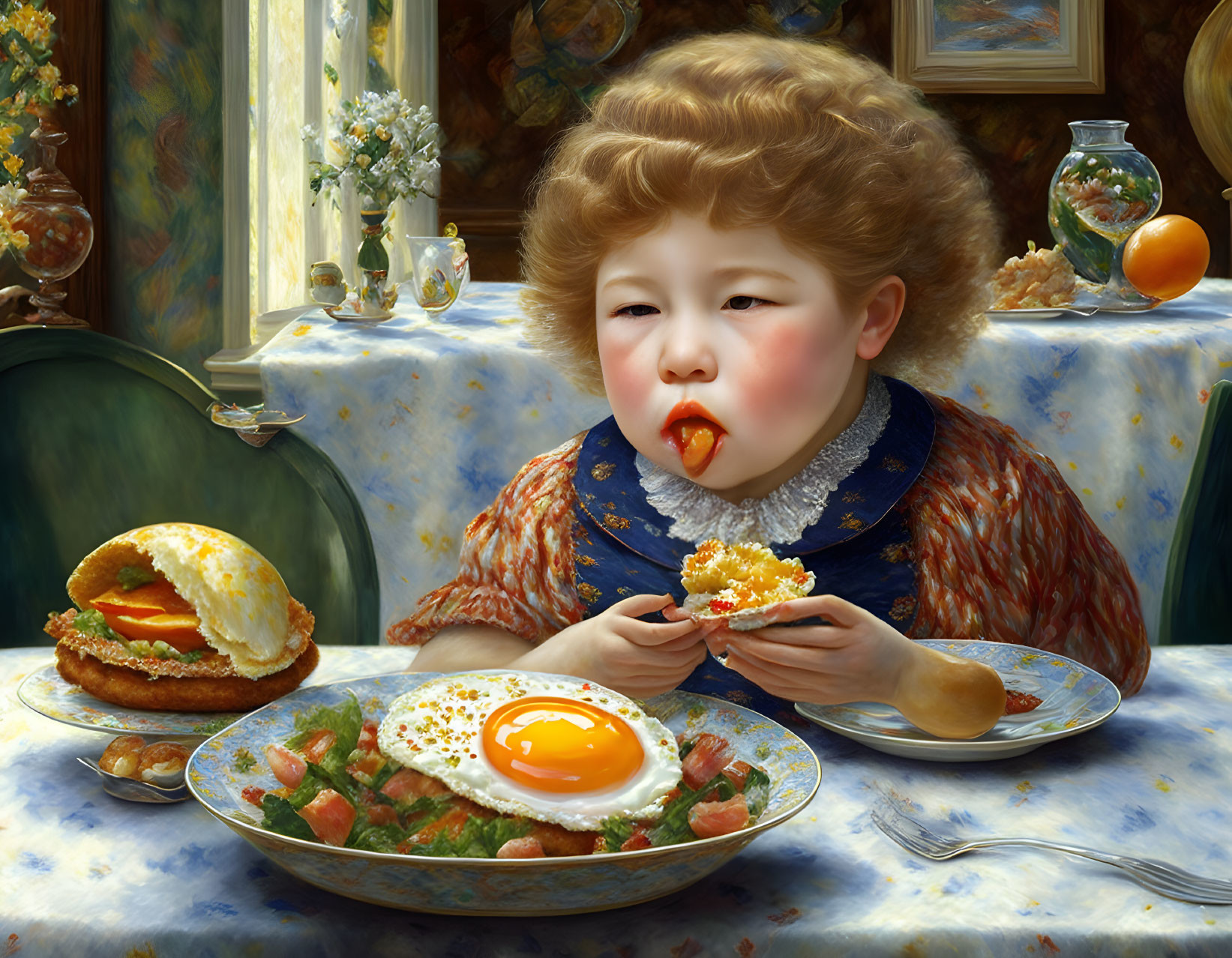 Child Eating Breakfast in Stylized Artwork