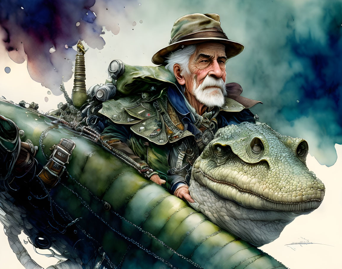 Elderly adventurer riding a mechanical alligator amidst colorful clouds