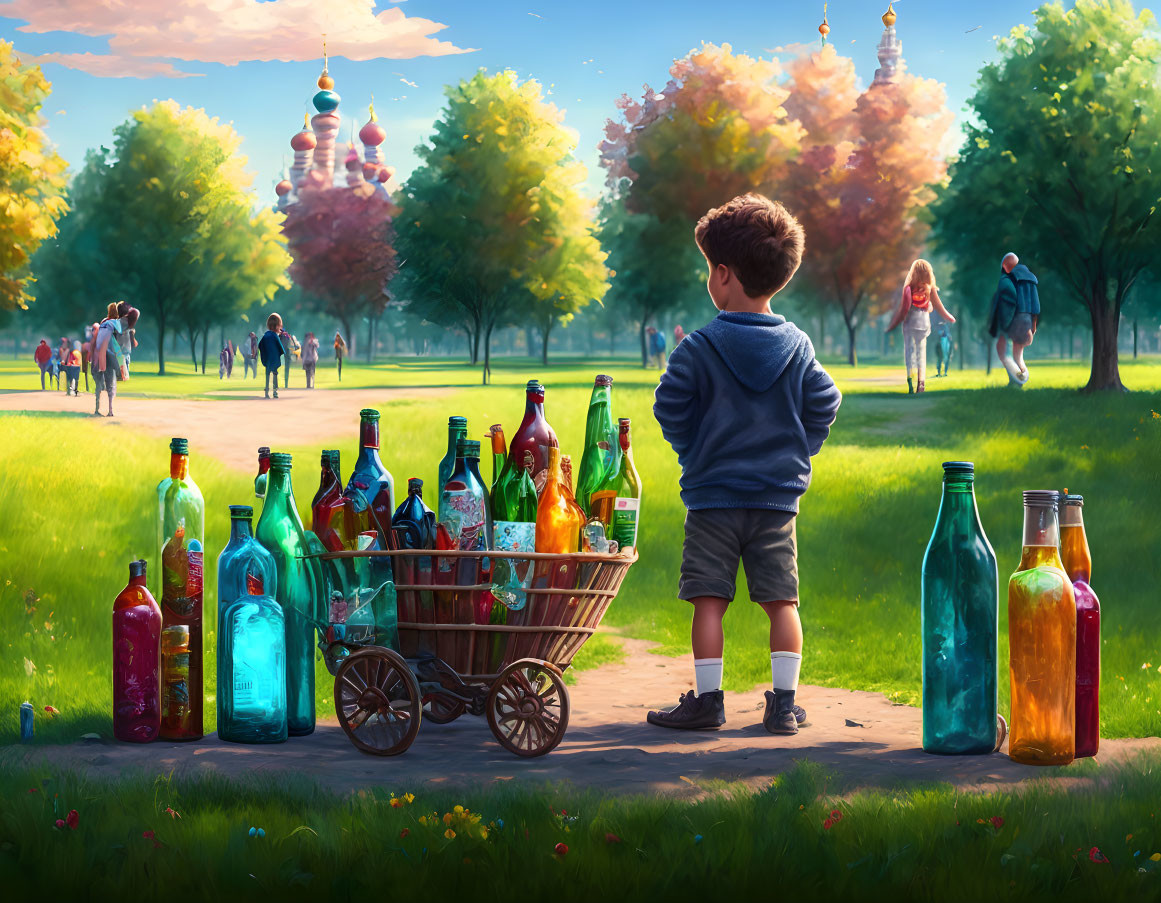 Young boy in park gazes at colorful glass bottles on wooden cart