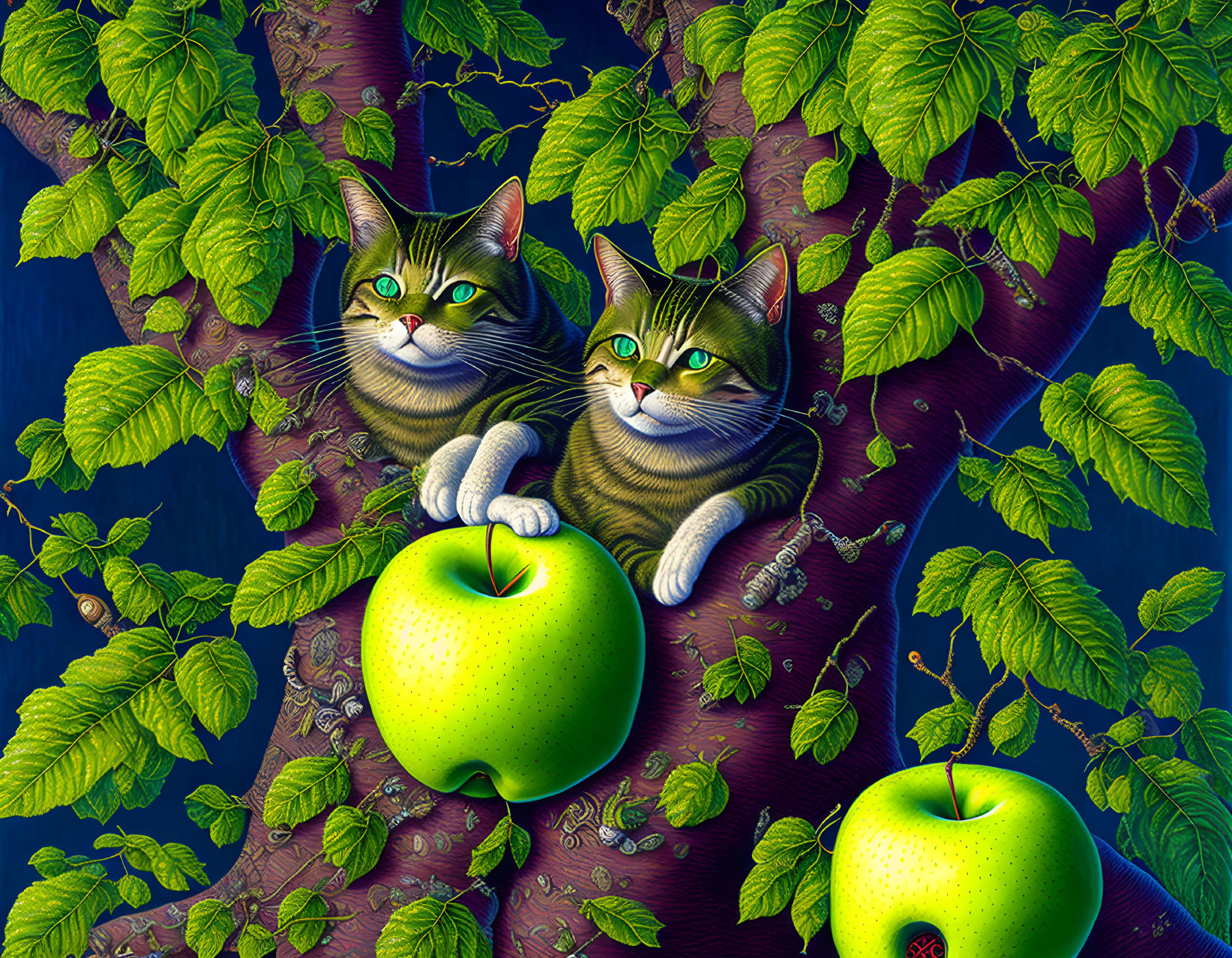 Whimsical cats blending into tree bark with green leaves and apples