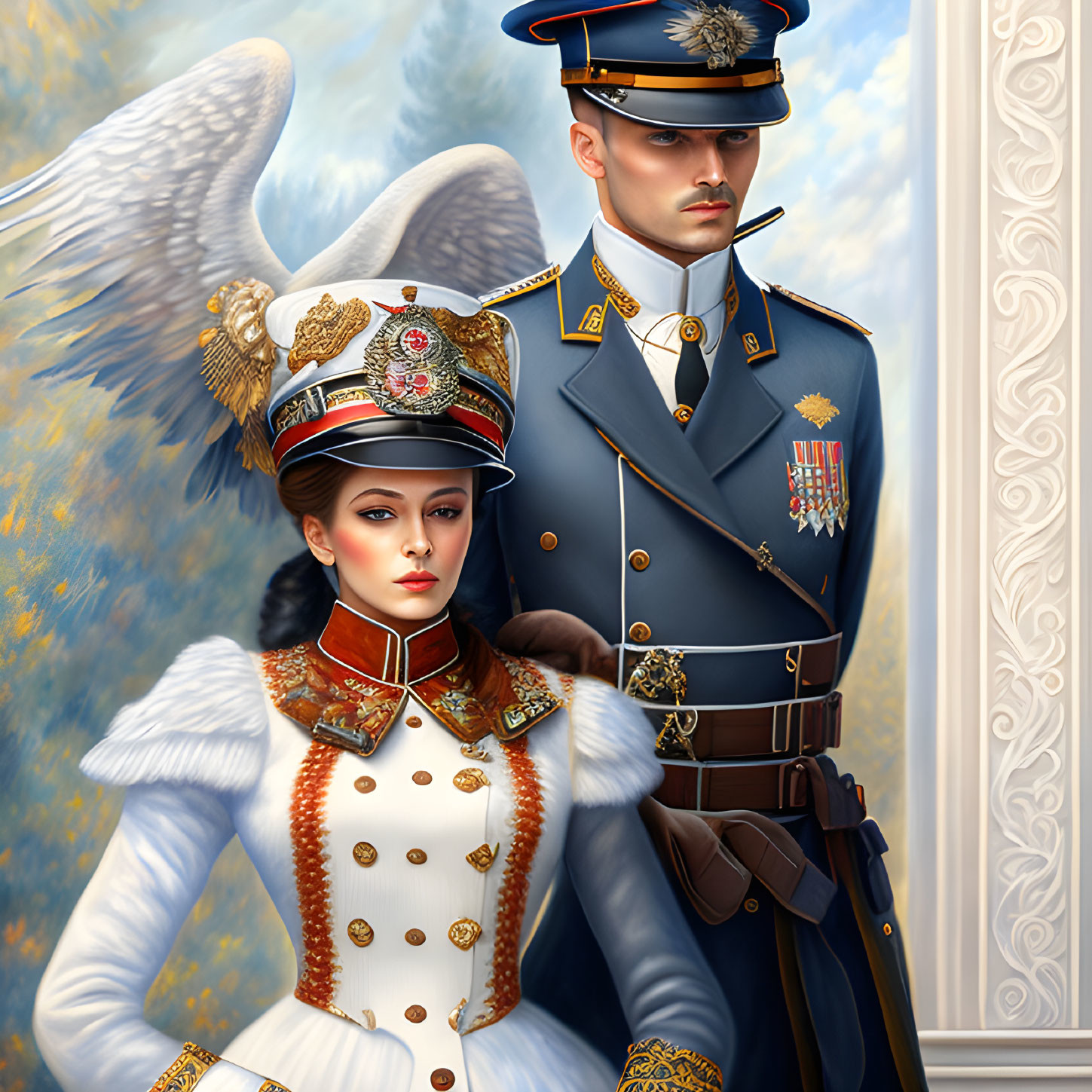 Illustration of man and woman in ornate military uniforms with angelic wings in otherworldly setting