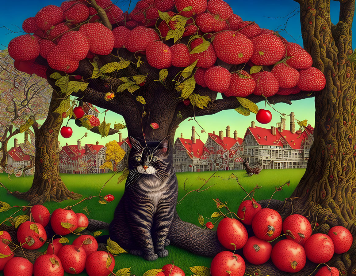 Illustration of large cat-shaped tree with red apples in serene village setting