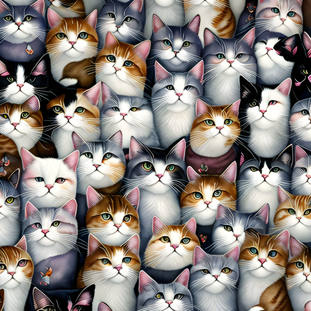 Illustrated Cat Seamless Pattern with Various Fur Colors and Markings