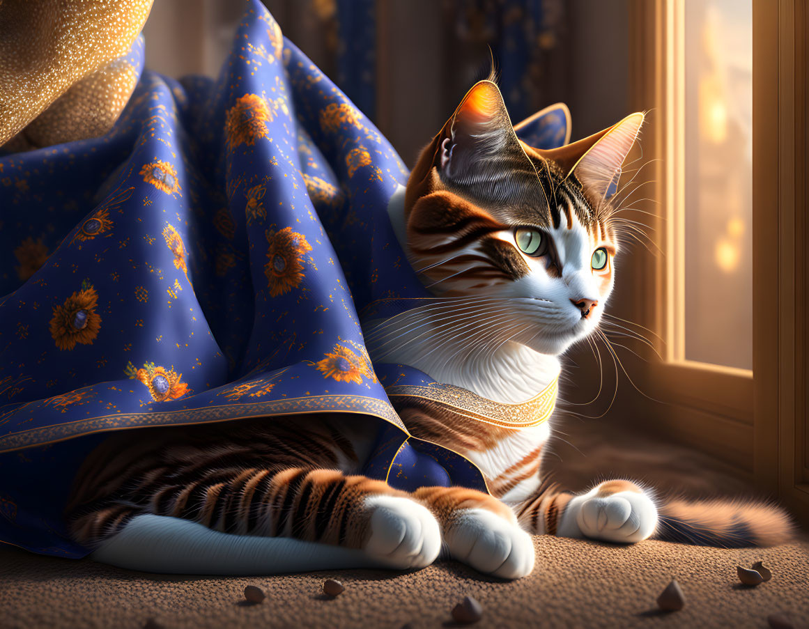 Regal cat with striking markings in luxurious blue and gold setting.