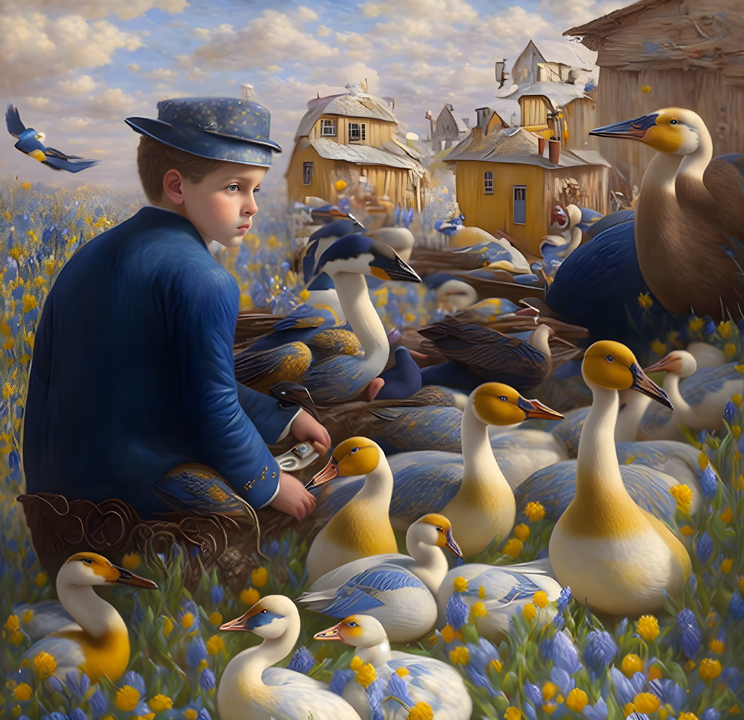 Boy in Blue Jacket Surrounded by Yellow Ducks in Whimsical Village