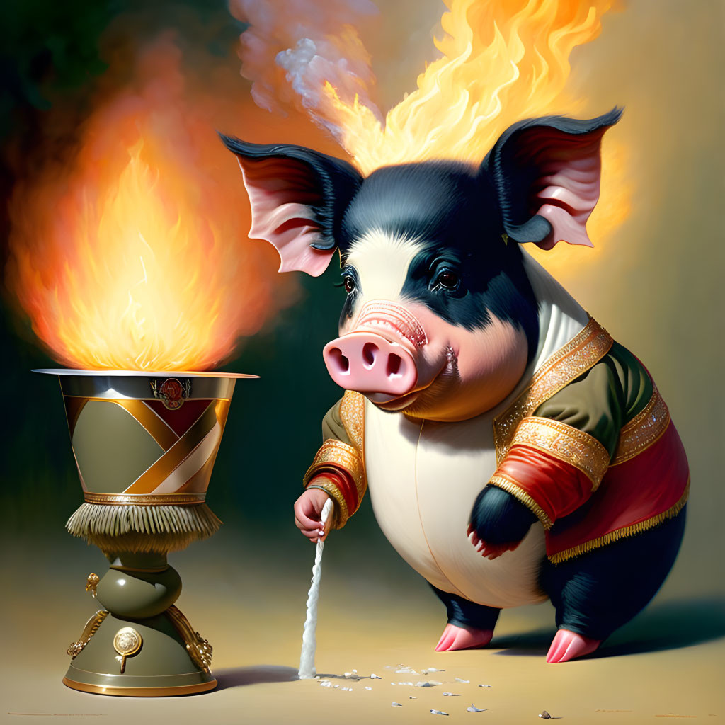 Regal pig in royal attire cooking marshmallows over flaming hair beside ornate brazier