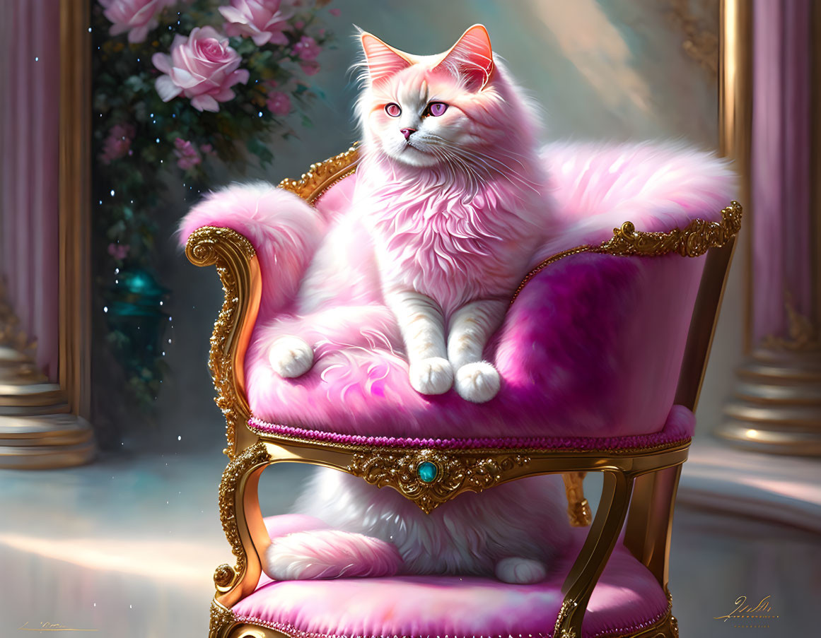 Fluffy Pink Cat on Golden Chair with Pink Upholstery