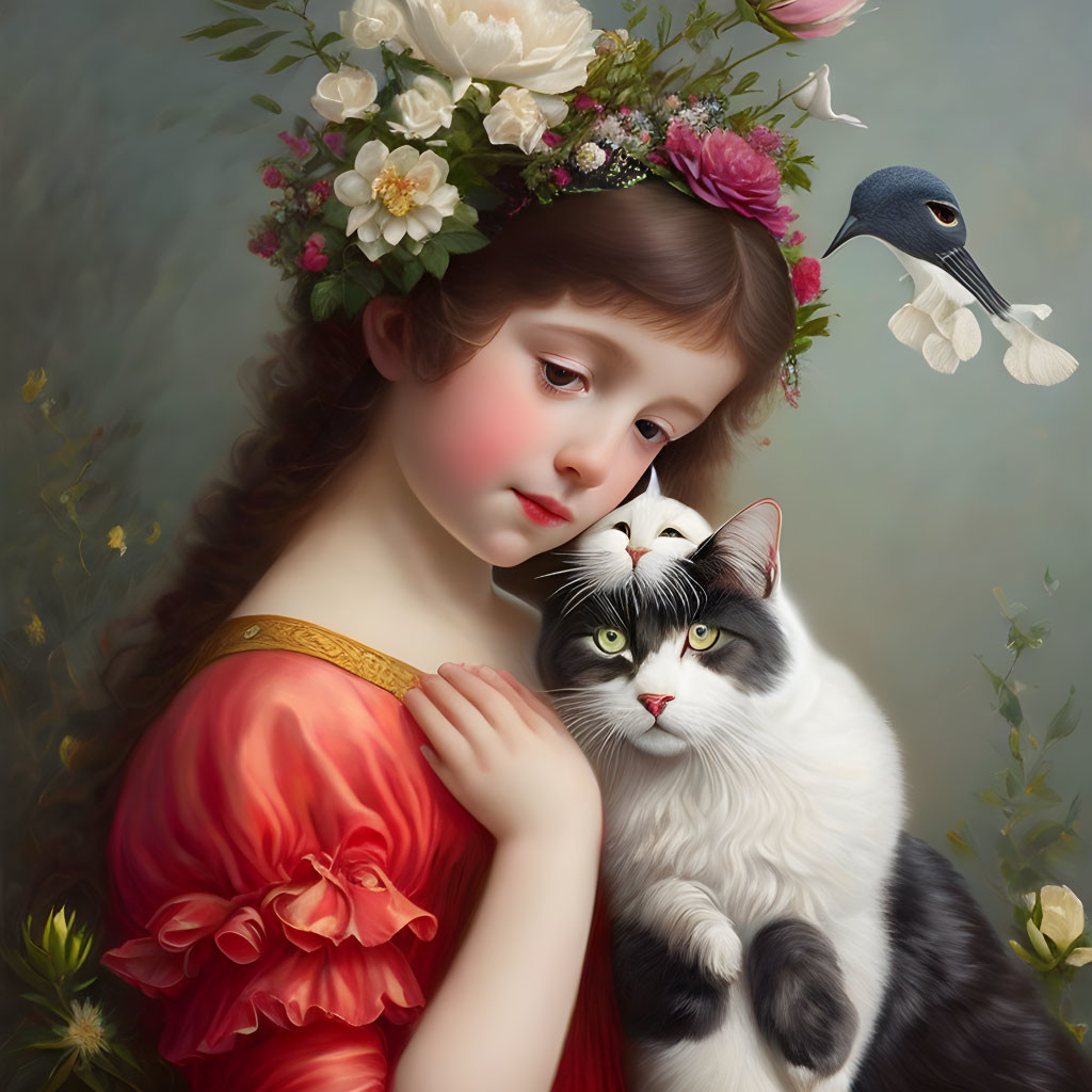 Girl with Floral Wreath Embracing Cat in Soft Background