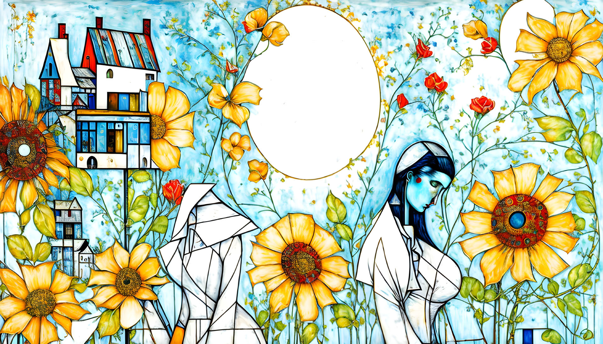 Illustration of woman in sunflower field with white house on blue floral background