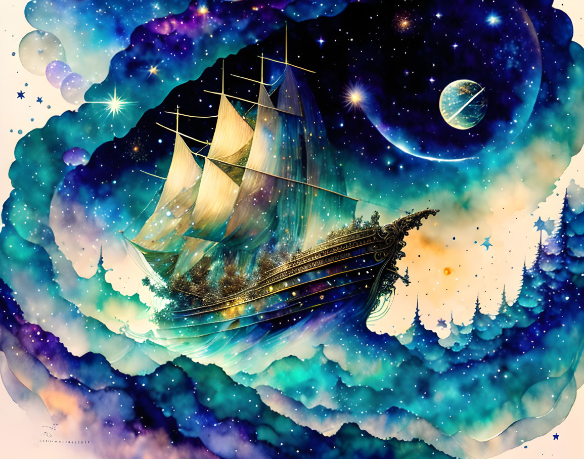 Sailing ship on cosmic sea with stars, planets, and nebulae.