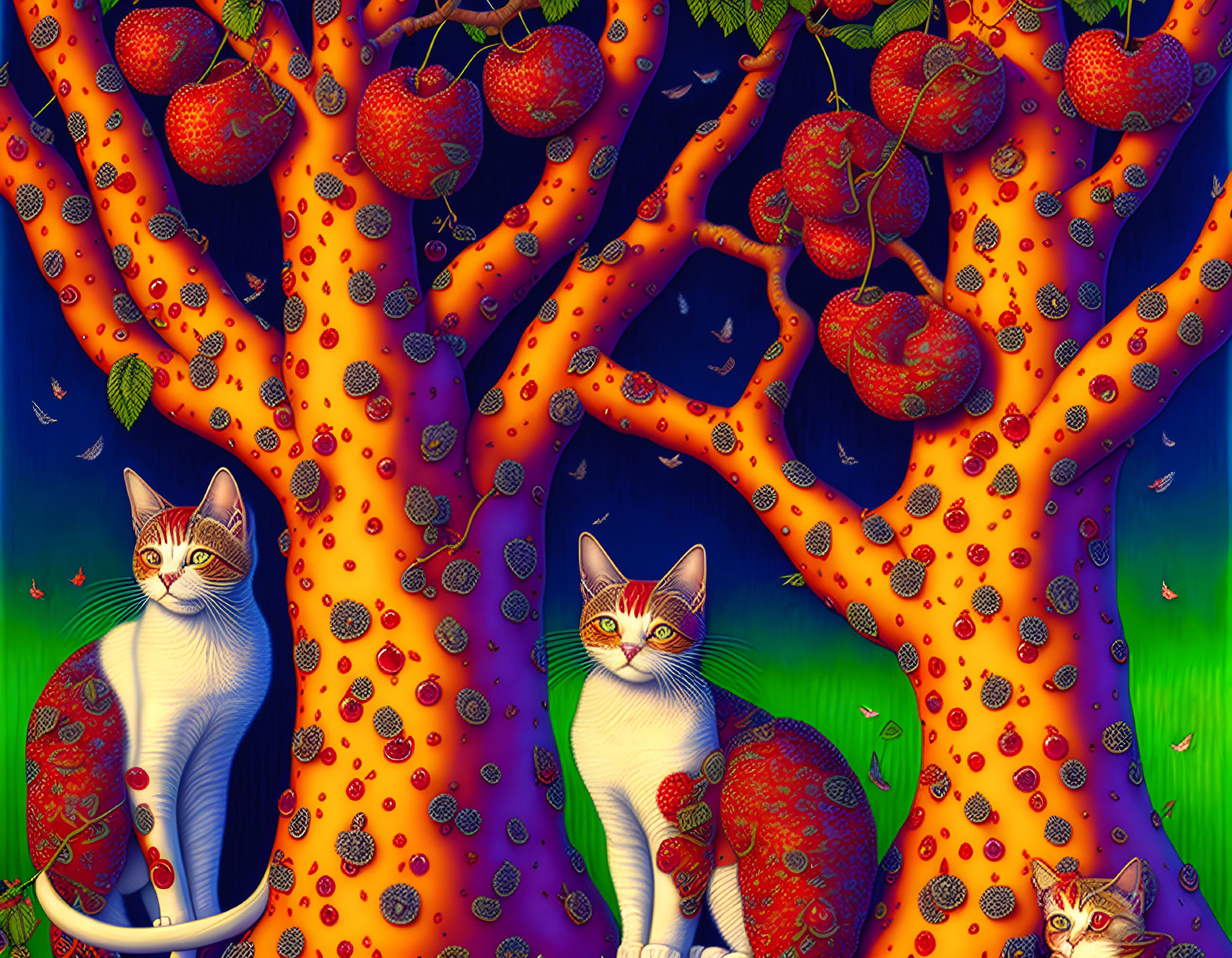 Illustration of whimsical tree patterns resembling cat fur with red apple-like fruits, surrounded by stylized