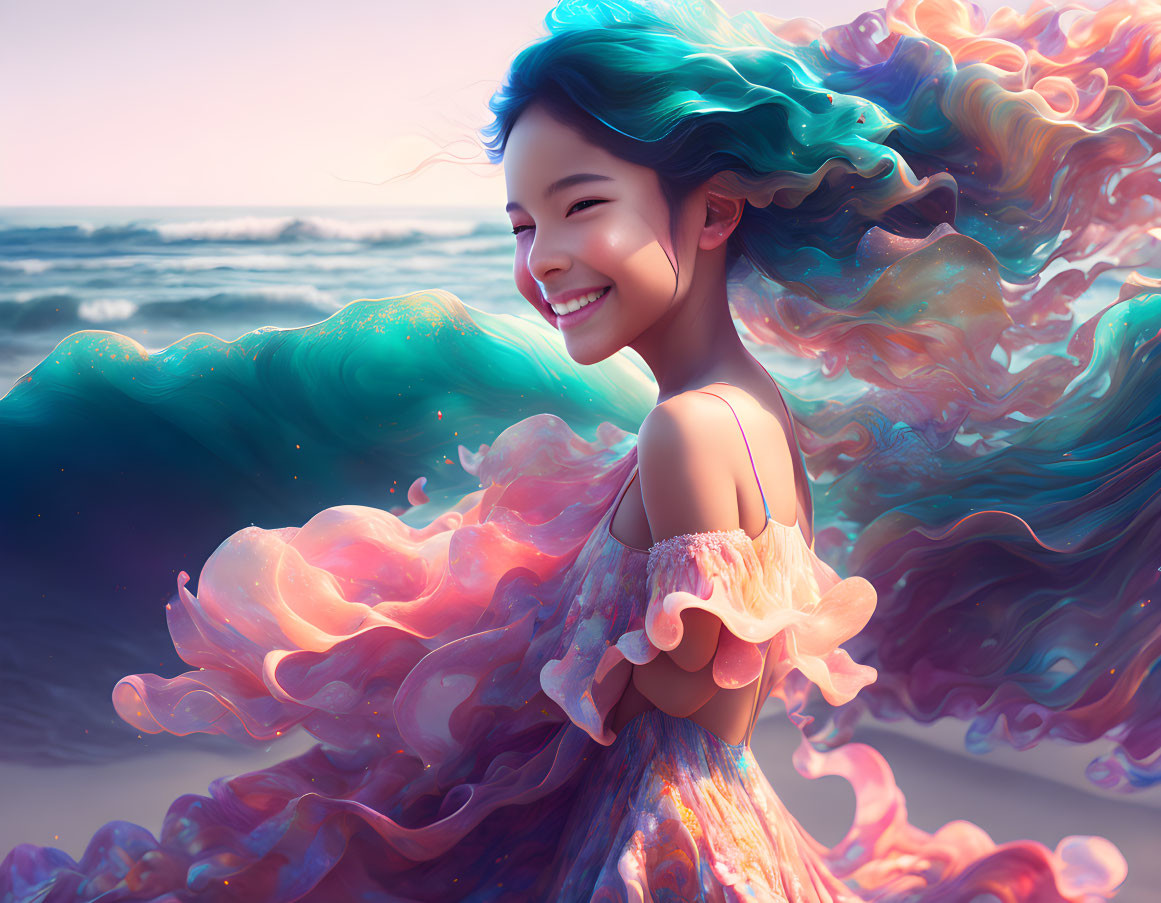Vibrant woman with flowing hair and dress at beachside sunset