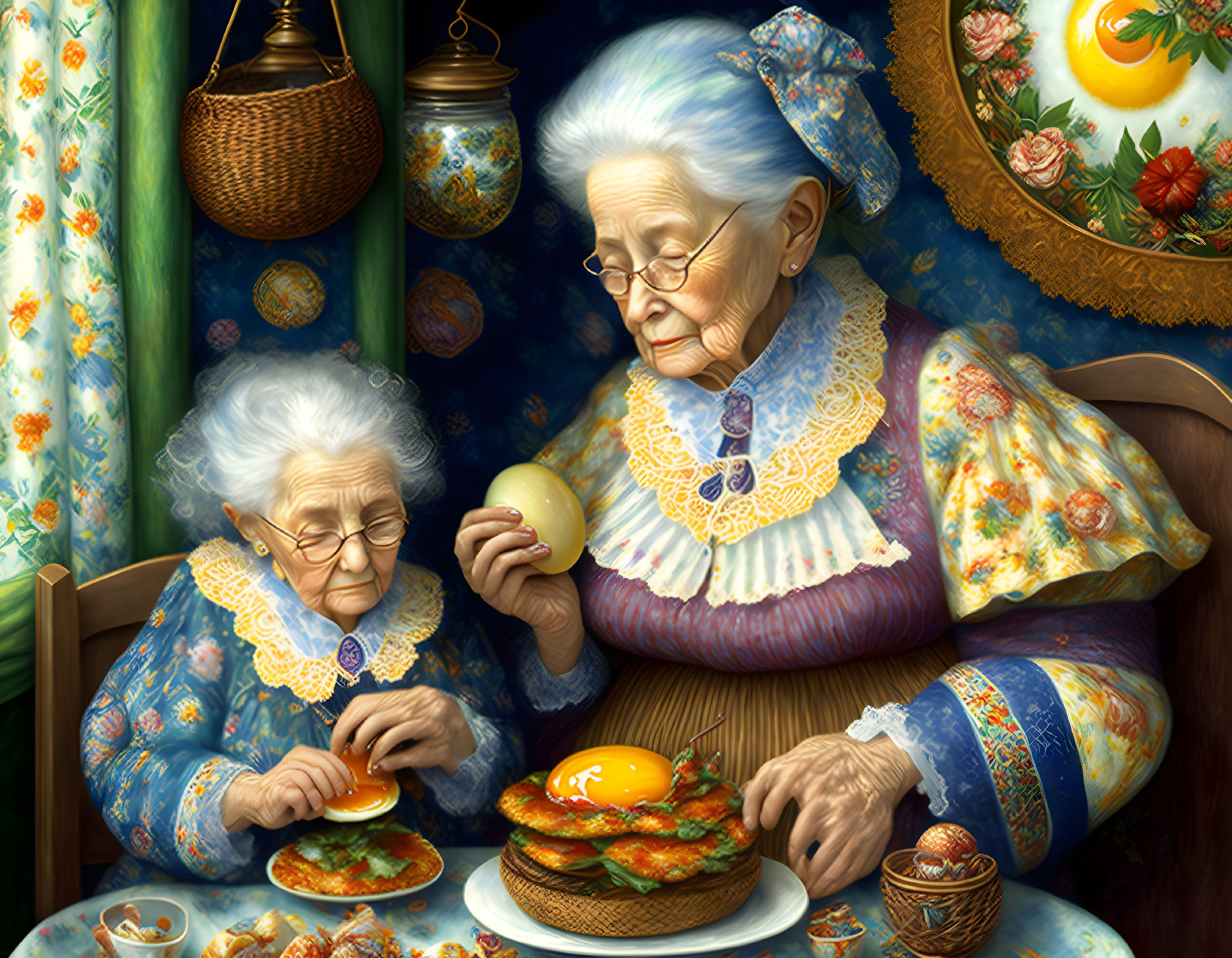 Elderly women in traditional attire peeling an orange at a table with rich decor.