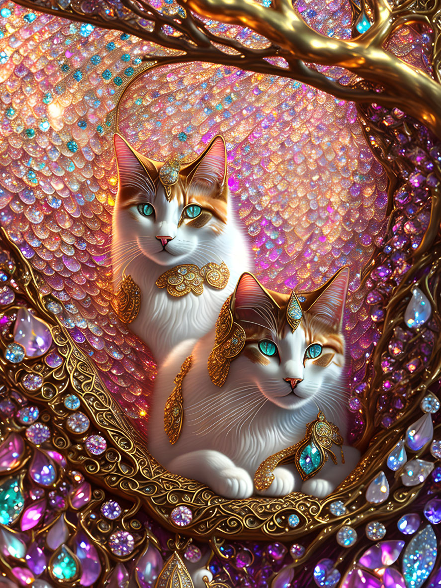 Regal Cats with Jeweled Adornments in Gold and Gemstones