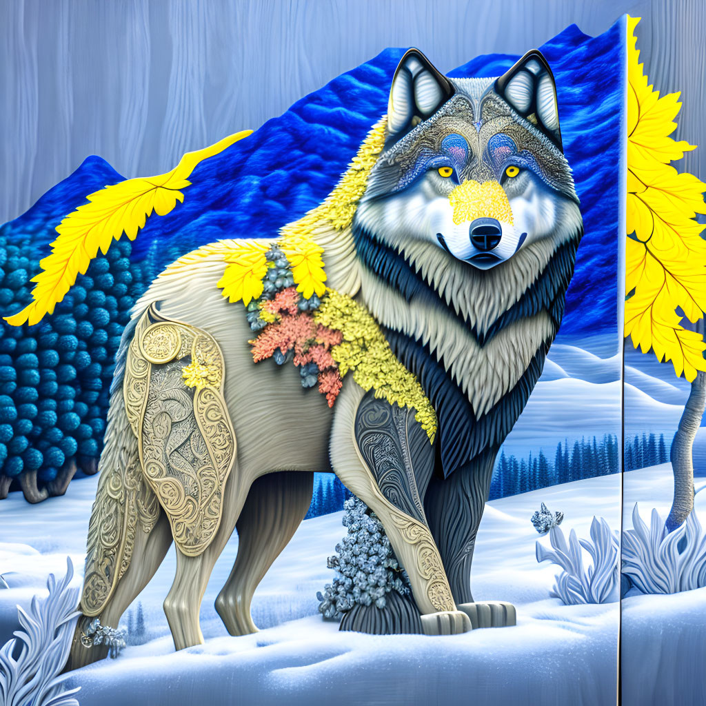 Colorful wolf digital art with floral patterns in winter landscape