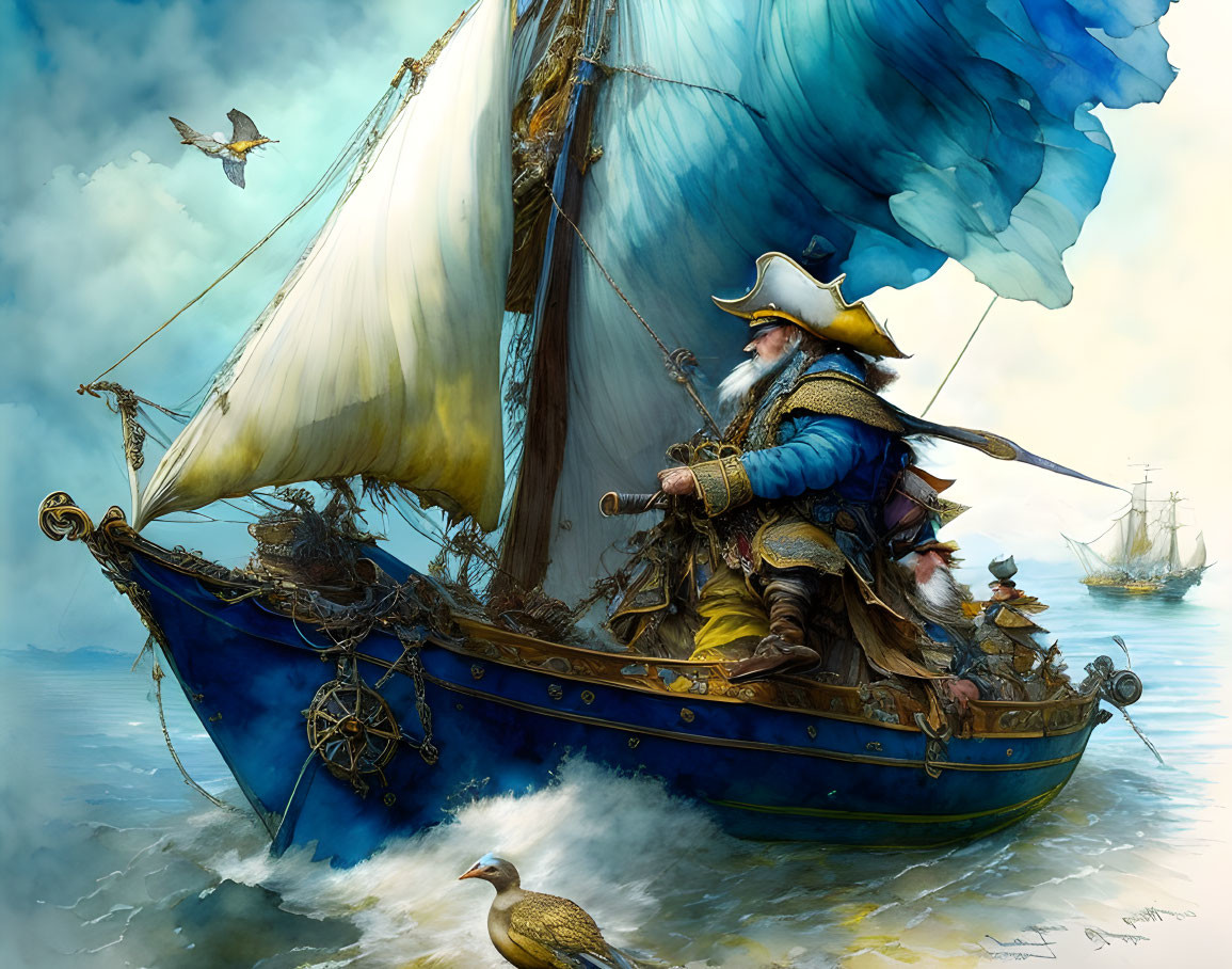 Whimsical illustration of determined pirate on ship with vibrant blue sails