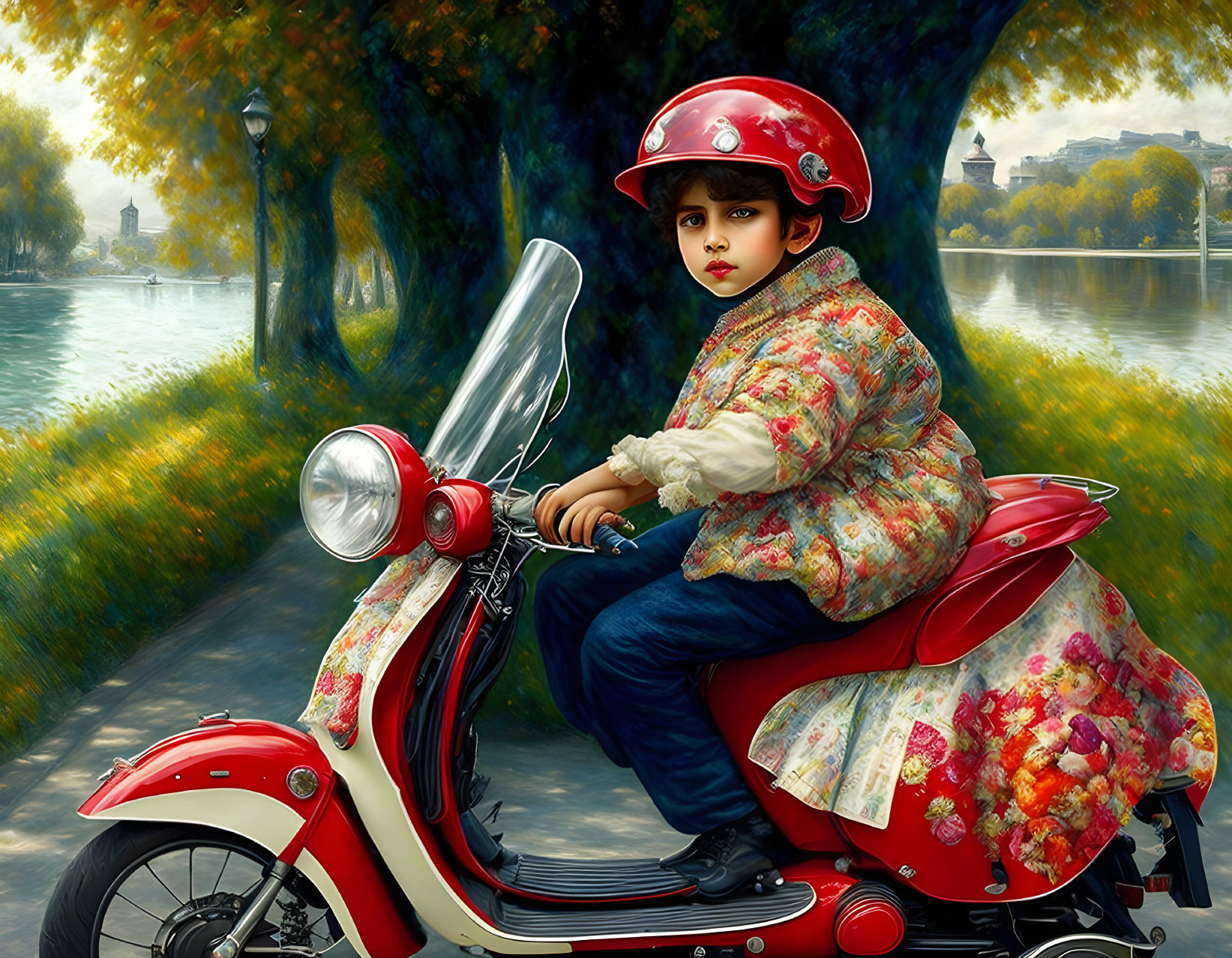 Child in Floral Jacket on Red Scooter Lakeside Scene