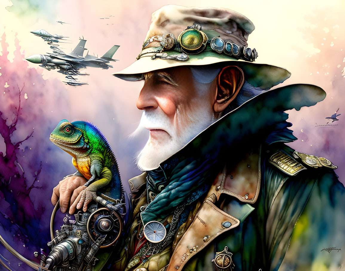 Elder steampunk adventurer with mechanical arm and lizard companion in vibrant scene.