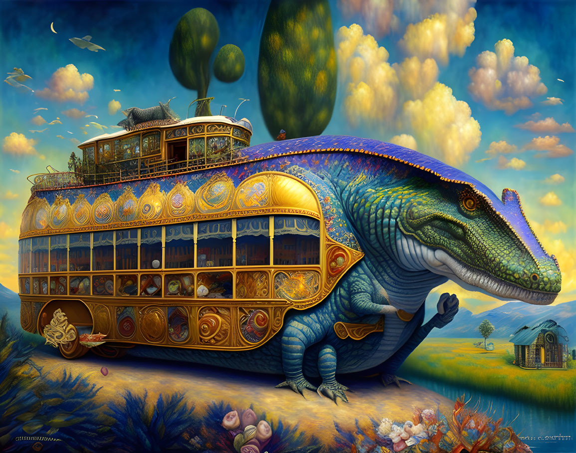 Colorful painting of large reptilian creature carrying ornate ship on its back