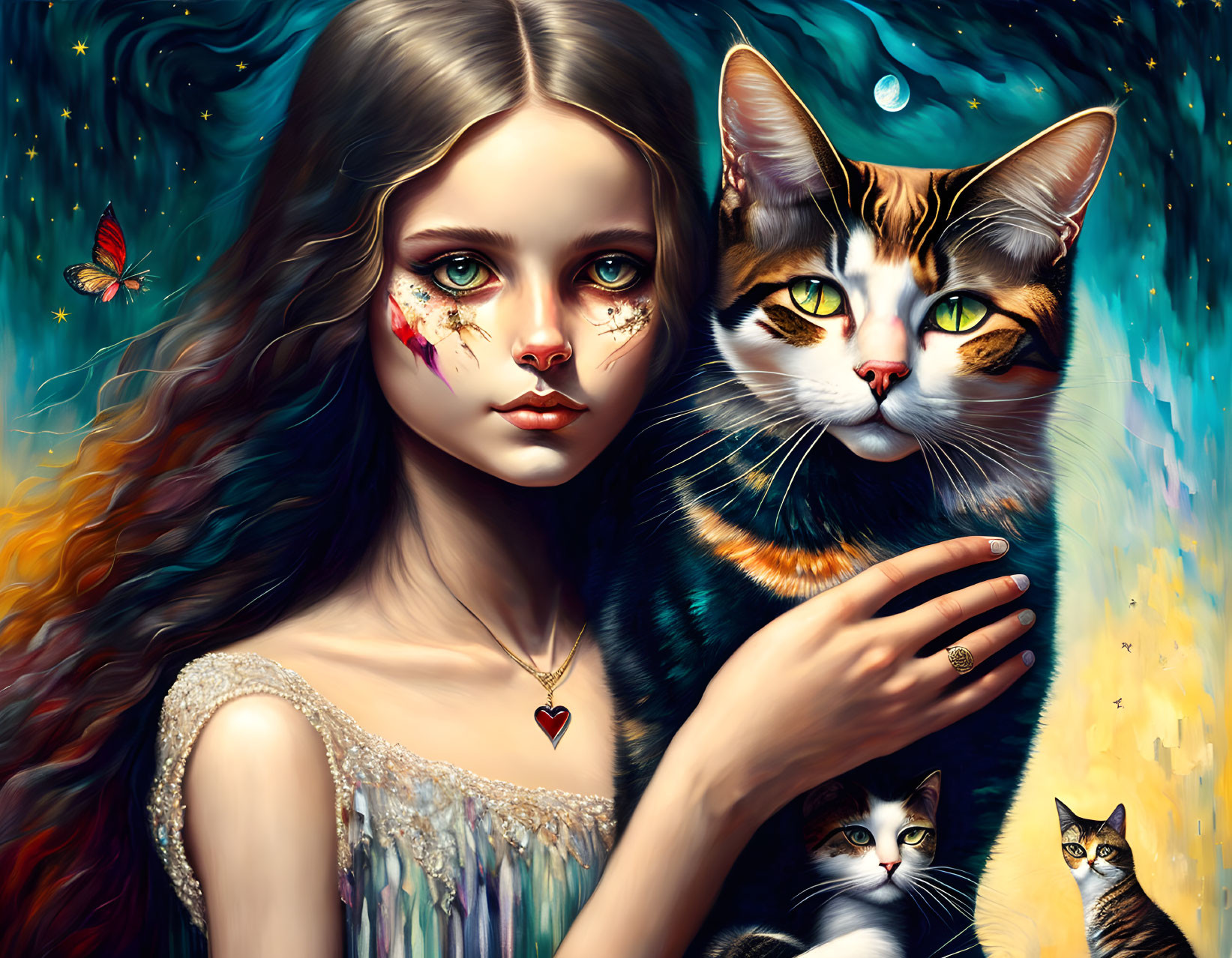 Digital artwork: Girl with striking eyes holding multicolored cat, surrounded by three cats and a butterfly