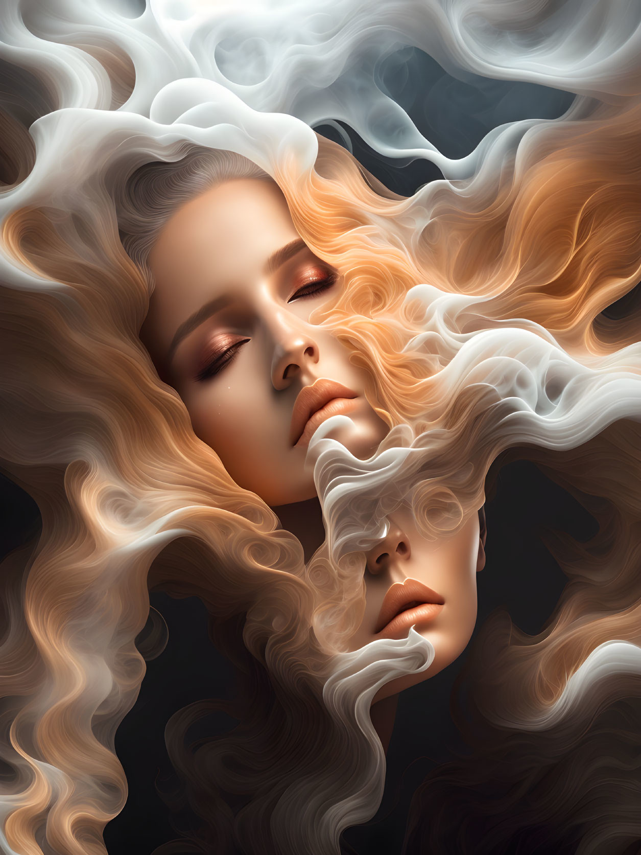 Digital Artwork: Two Women Blend Seamlessly with Flowing Hair